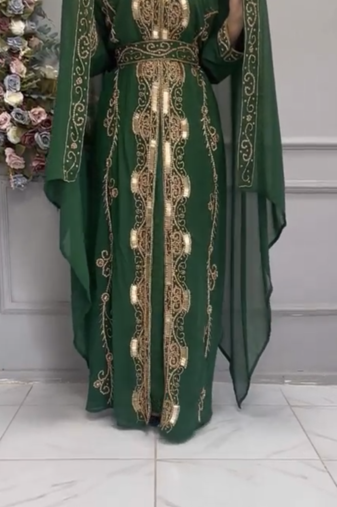 Emerald Green Moroccan Kaftan with Golden Embroidery & Matching Dupatta