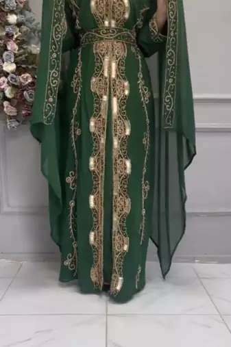 Emerald Green Moroccan Kaftan with Golden Embroidery & Matching Dupatta