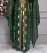 Emerald Green Moroccan Kaftan with Golden Embroidery & Matching Dupatta