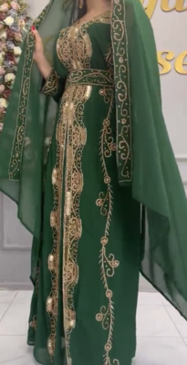 Emerald Green Moroccan Kaftan with Golden Embroidery & Matching Dupatta 2