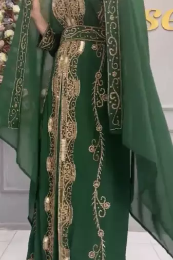 Emerald Green Moroccan Kaftan with Golden Embroidery & Matching Dupatta