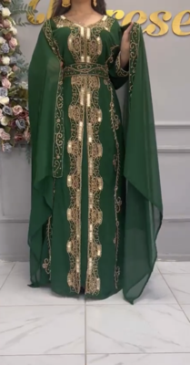 Emerald Green Moroccan Kaftan with Golden Embroidery & Matching Dupatta 3