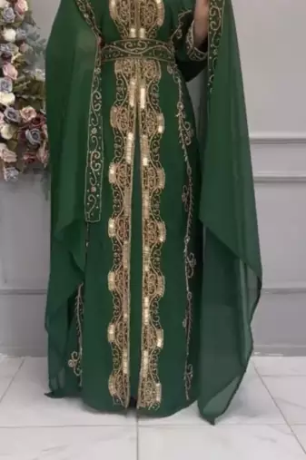 Emerald Green Moroccan Kaftan with Golden Embroidery & Matching Dupatta