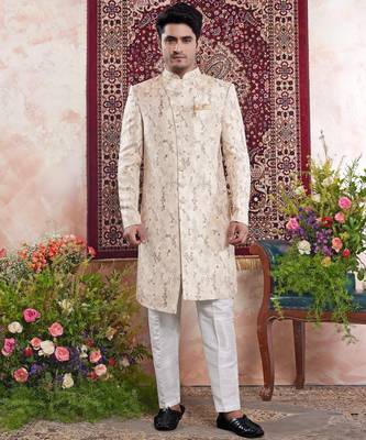 beige banarasi jacquard sherwani for men 1