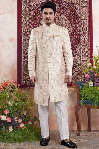 Beige banarasi jacquard indo western for men