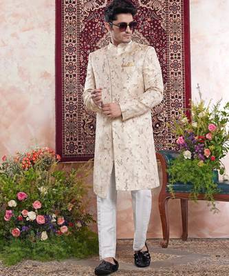 beige banarasi jacquard sherwani for men 2