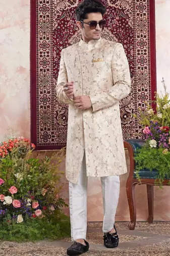 beige banarasi jacquard sherwani for men