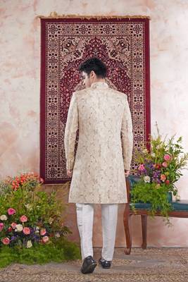 beige banarasi jacquard sherwani for men 3