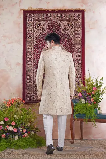 beige banarasi jacquard sherwani for men