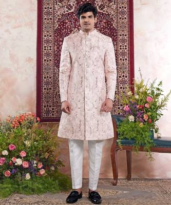 pink banarasi jacquard sherwani for men 1