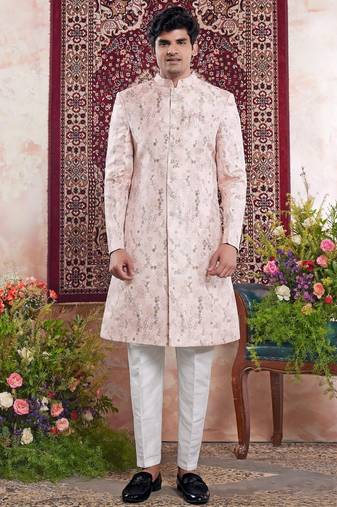 Pink banarasi jacquard indo western for men