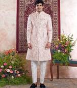 pink banarasi jacquard sherwani for men