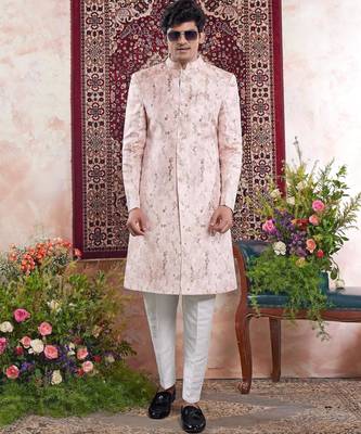 pink banarasi jacquard sherwani for men 2