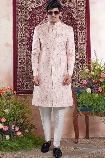 pink banarasi jacquard sherwani for men