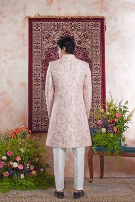 pink banarasi jacquard sherwani for men 3