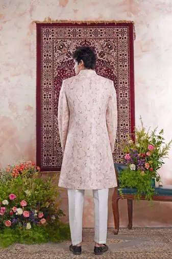 pink banarasi jacquard sherwani for men