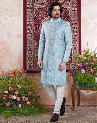 blue banarasi jacquard sherwani for men 1