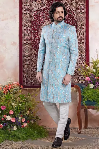 Blue banarasi jacquard indo western for men