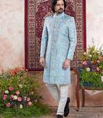 blue banarasi jacquard sherwani for men