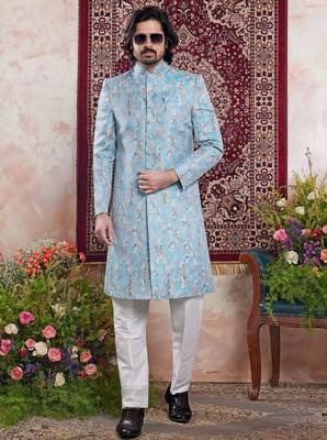 blue banarasi jacquard sherwani for men 2