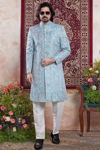 blue banarasi jacquard sherwani for men