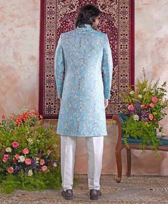 blue banarasi jacquard sherwani for men 3