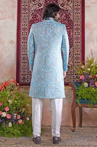blue banarasi jacquard sherwani for men