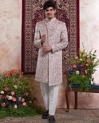 onoin pink banarasi jacquard sherwani for men 1