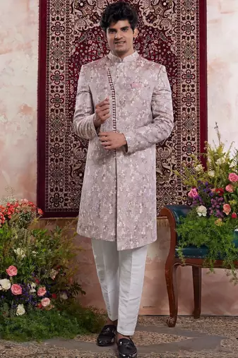 Onoin pink banarasi jacquard indo western for men