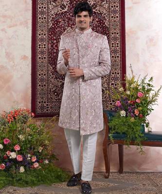 onoin pink banarasi jacquard sherwani for men 2