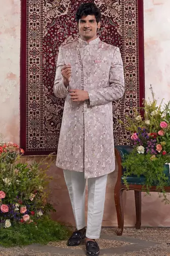 onoin pink banarasi jacquard sherwani for men