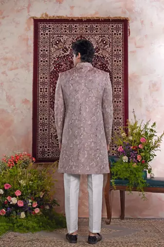onoin pink banarasi jacquard sherwani for men