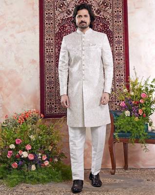 green banarasi jacquard sherwani for men 1