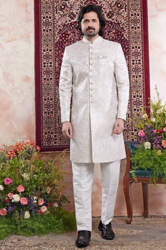 Green banarasi jacquard indo western for men