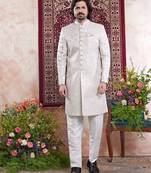 green banarasi jacquard sherwani for men