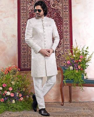 green banarasi jacquard sherwani for men 2