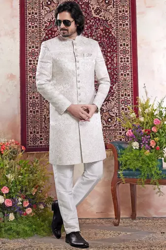 green banarasi jacquard sherwani for men