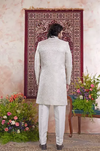 green banarasi jacquard sherwani for men