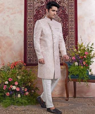 pink banarasi jacquard sherwani for men 1