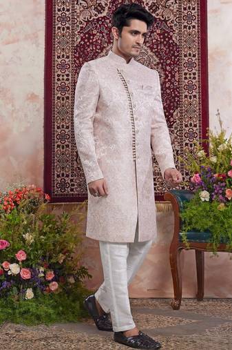 pink banarasi jacquard indo western for men