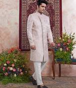 pink banarasi jacquard sherwani for men
