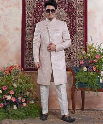 pink banarasi jacquard sherwani for men 2