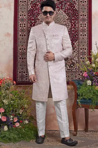 pink banarasi jacquard sherwani for men