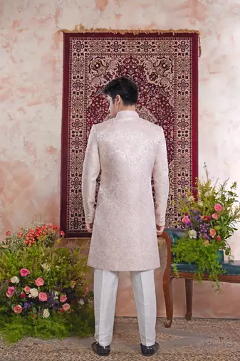 pink banarasi jacquard sherwani for men