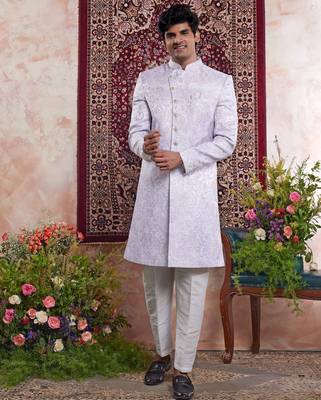 blue banarasi jacquard sherwani for men 1