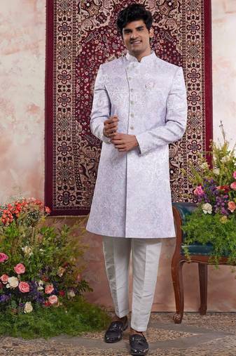 Blue banarasi jacquard indo western for men