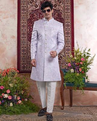 blue banarasi jacquard sherwani for men 2