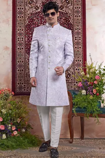 blue banarasi jacquard sherwani for men