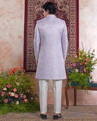 blue banarasi jacquard sherwani for men 3