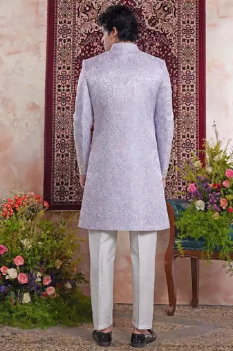 blue banarasi jacquard sherwani for men